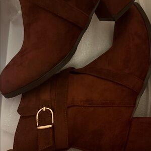 Burgundy Suede Ankle Boots Gold Buckle